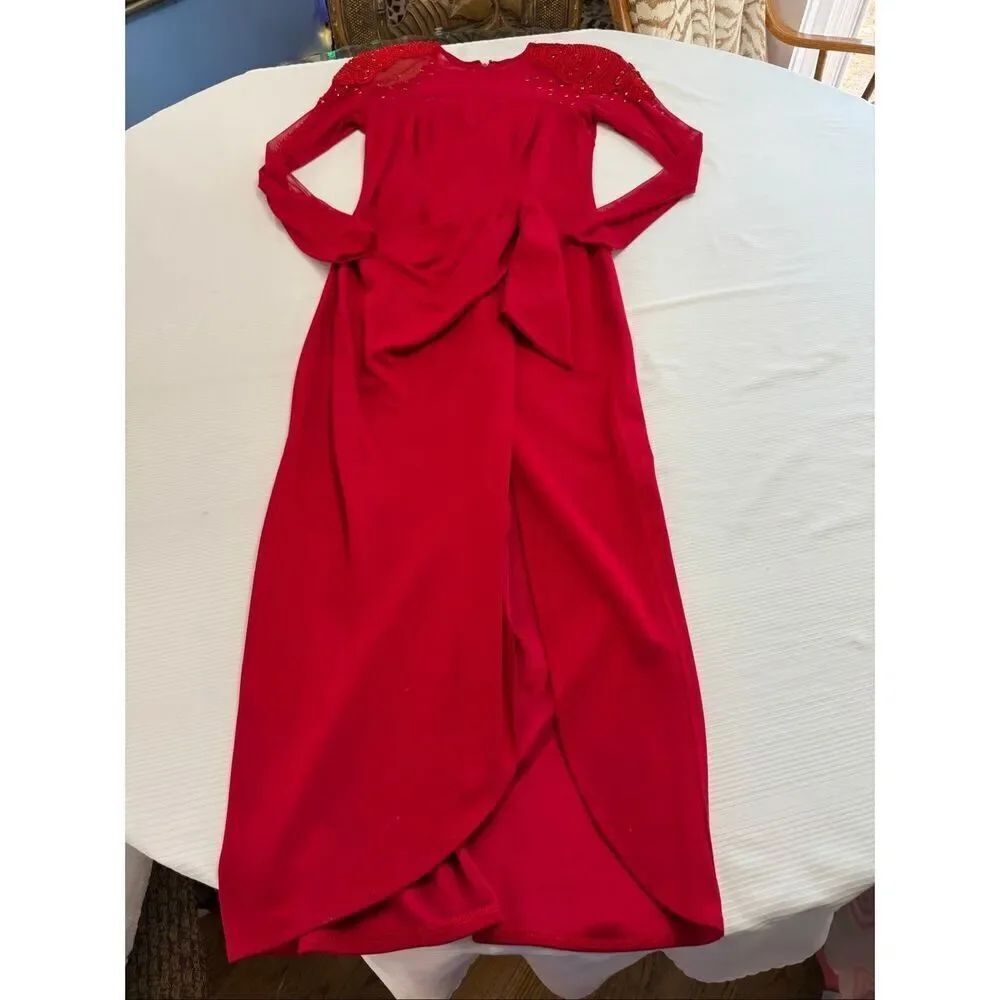 Vintage 80s Tadashi Red Sheer Bejeweled Wrap Style Dress Size Medium